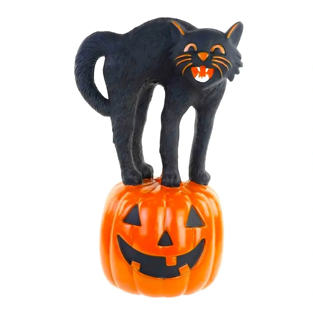 Haunted Halloween Scary Black Cat on Jack-O-Lantern Pumpkin Resin Figurine 8”